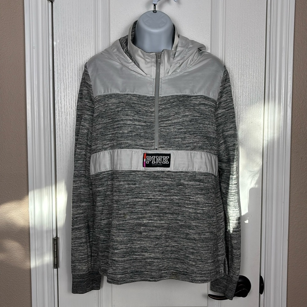 Pink Victoria's Secret Women's 3/4 Zip Hoodie‎ Grey/White Logo Sweatshirt Size M